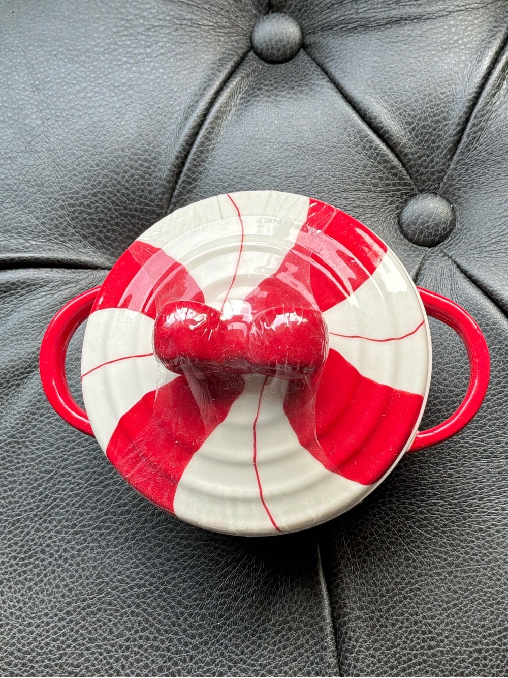 Red and White Ceramic Covered Mini Casserole with Dual Handles